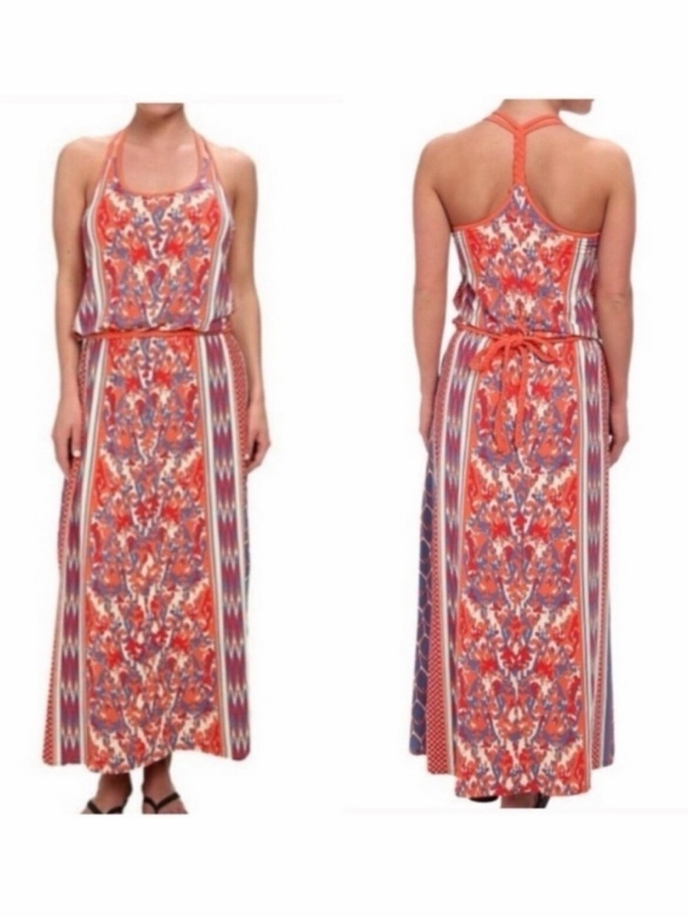 North Face Ikat Nicolette Maxi Dress POCKETS Blue/Orange built in bra. Size sma